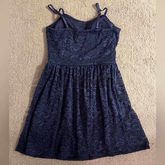 BCX Navy Blue Lace Mini Dress M Juniors Fit Flare Sweetheart Neck Button - Picture 5 of 8
